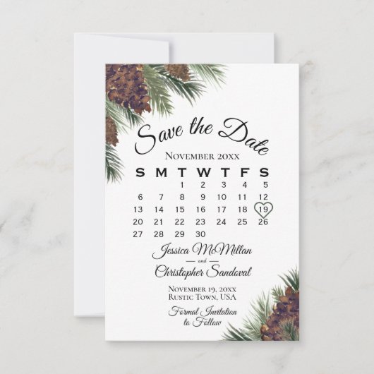 Kalanderrit met dennenappels en wintergroen voor b save the date (Voorkant)