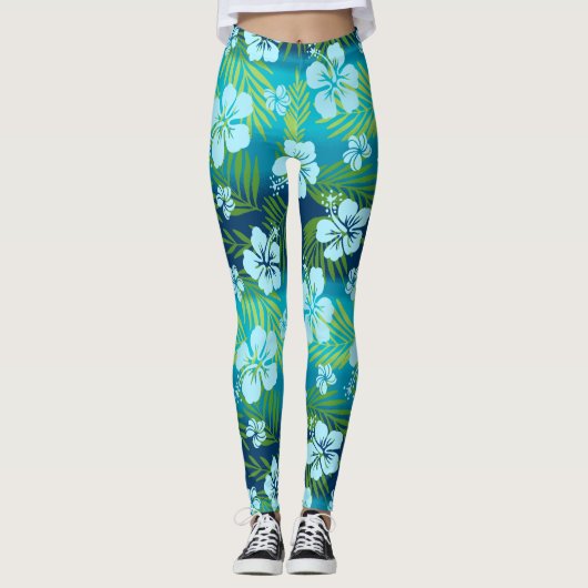 Kalani Tie Dye Blend Tropisch Hibiscus - Blauwgroe Leggings (Voorkant)
