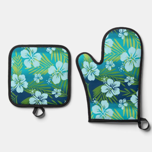 Kalani Tie Dye Blend Tropische Hibiscus Blauwgroen Ovenwant & Pannenlap Set (Voorkant)