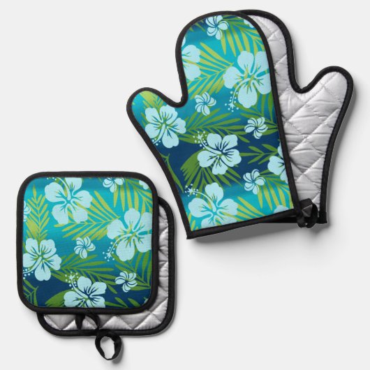 Kalani Tie Dye Blend Tropische Hibiscus Blauwgroen Ovenwant & Pannenlap Set (Voorkant / Achterkant)