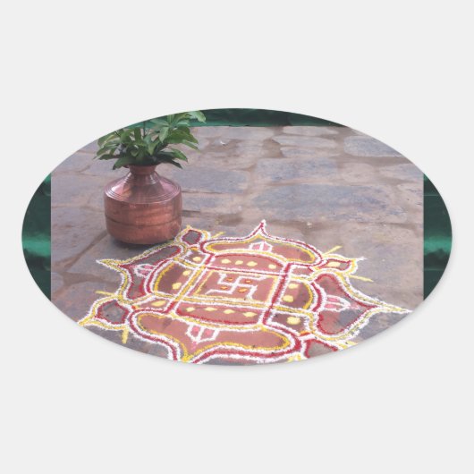 Kalas Vase swastika rangoli indian bruiloft Symbol Ovale Sticker (Voorkant)