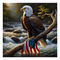 Kale adelaar en Amerikaanse vlag op een boomtak