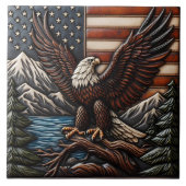 Kale adelaar met Amerikaanse vlag en bergen Tegeltje (Voorkant)