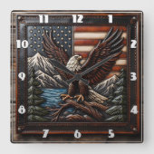 Kale adelaar met Amerikaanse vlag en bergen Vierkante Klok (Voorkant)