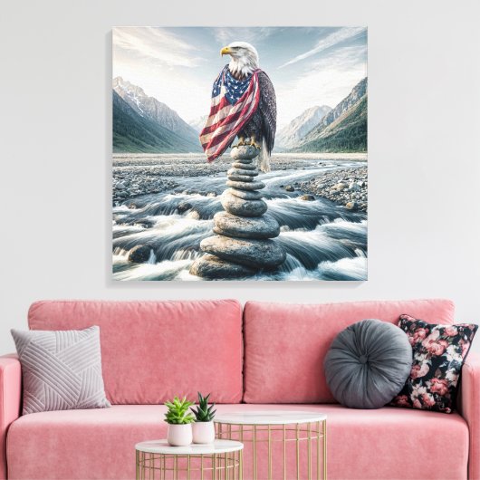 Kale adelaar met Amerikaanse vlag op Cairn Canvas Afdruk (Insitu (Woonkamer))