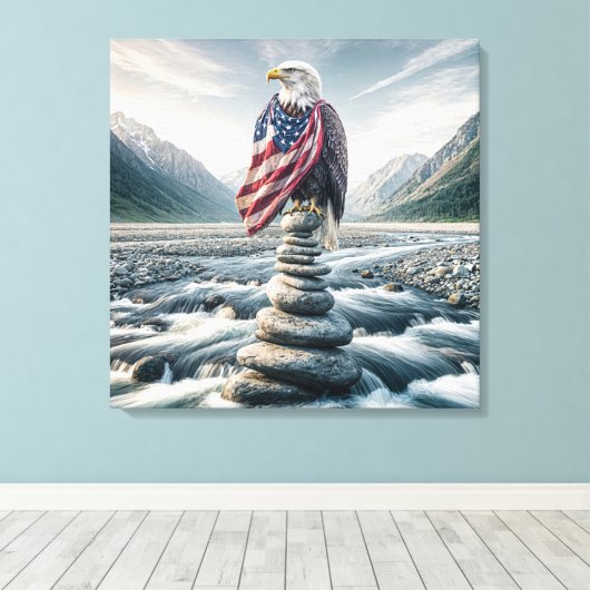 Kale adelaar met Amerikaanse vlag op Cairn Canvas Afdruk (Insitu (Houten vloer))