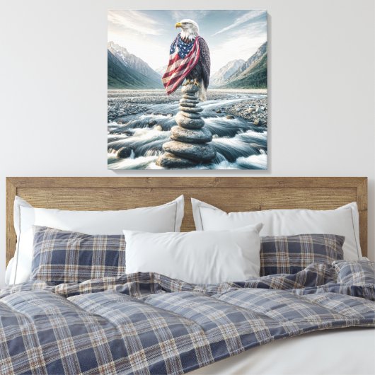 Kale adelaar met Amerikaanse vlag op Cairn Canvas Afdruk (Insitu (Slaapkamer))