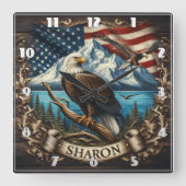 Kale adelaar met bergen en vlag vierkante klok (Voorkant)