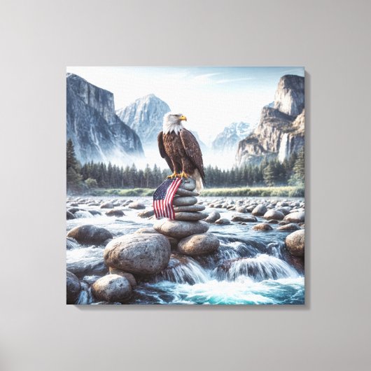 Kale adelaar met een Amerikaanse vlag op een Cairn Canvas Afdruk (Voorkant)