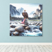 Kale adelaar met een Amerikaanse vlag op een Cairn Canvas Afdruk (Insitu (Houten vloer))