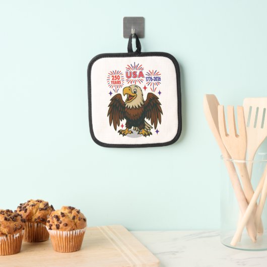 Kale adelaar met vuurwerk – VS 250 jaar 1776-2026 Pannenlap (Insitu(Ophanging))