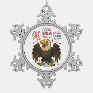 Kale adelaar met vuurwerk – VS 250 jaar 1776-2026 Tin Sneeuwvlok Ornament