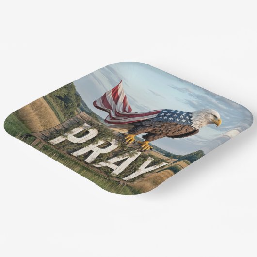 Kale adelaar neergestreken op het gebed teken papieren bordje (Gebogen)