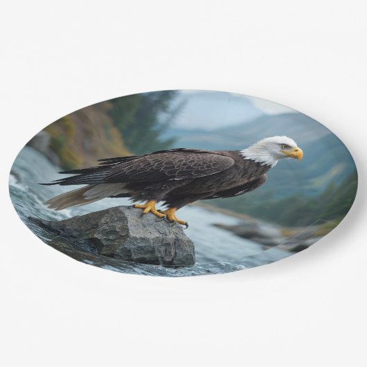 Kale adelaar op een rivier rots papieren bordje (Gekanteld)