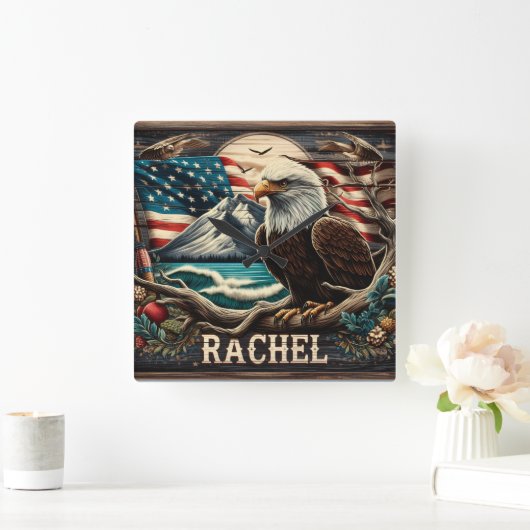 Kale adelaar tegen berg en Amerikaanse vlag Vierkante Klok (Huis)