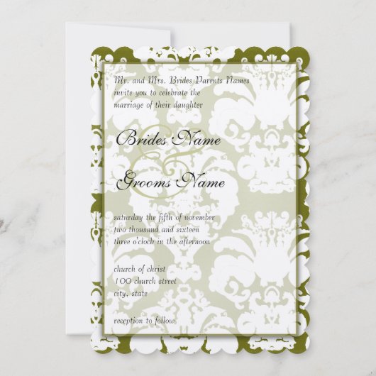Kale Green Damask Vintage Wedding Invitting Kaart (Achterkant)