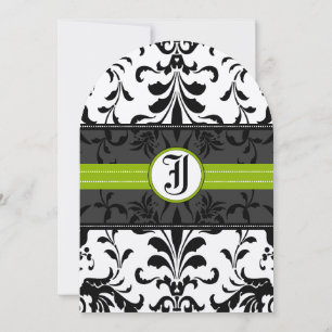 Kale Green Monogram Damask Wedding Uitnodiging