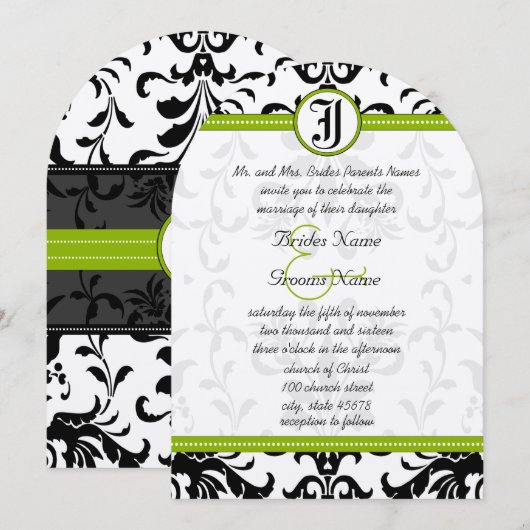 Kale Green Monogram Damask Wedding Uitnodiging (Voorkant / Achterkant)