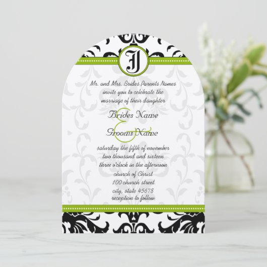 Kale Green Monogram Damask Wedding Uitnodiging (Staand voorkant)