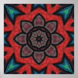 Kaleidoscoop Bloem Mandala in Vet Rode en Zwarte K Poster
