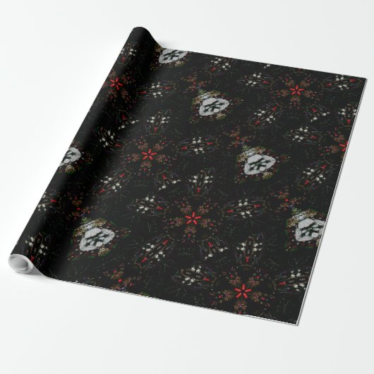 Kaleidoscoop Design Black Red Floral Pattern Cadeaupapier (Uitgerold)