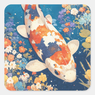 Kaleidoscoop Koi zwemmend in bloemrijk water Vierkante Sticker