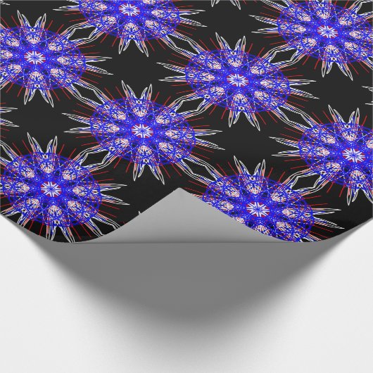 kaleidoscoop mandala zwart rood wit blauw cadeaupapier (Hoek)