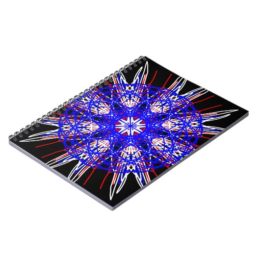 kaleidoscoop mandala zwart rood wit blauw notitieboek (Linkerzijde)