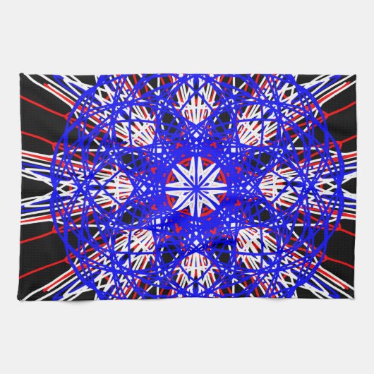 kaleidoscoop mandala zwart rood wit blauw theedoek (Horizontaal)