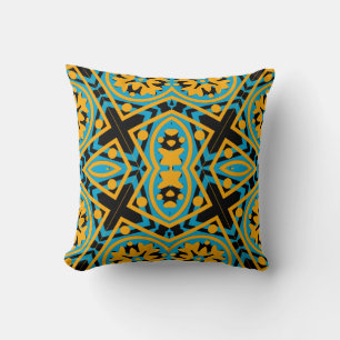 Kaleidoscoop ontwerp, lichtblauw, goud, zwart kussen