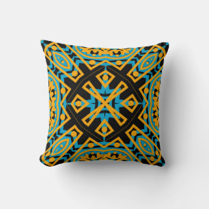 Kaleidoscoop ontwerp, lichtblauw, goud, zwart kussen
