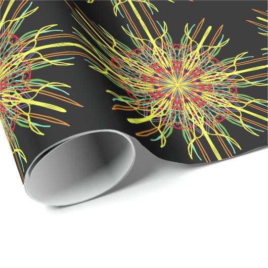 Kaleidoscoop oranje gele zwarte blauwe bloem cadeaupapier (Rol Hoek)