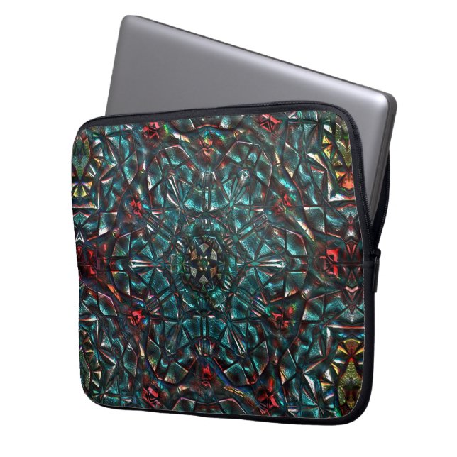 Kaleidoscoop stijl oud metaal chroomblauw groen na laptop sleeve (Voorkant Links)