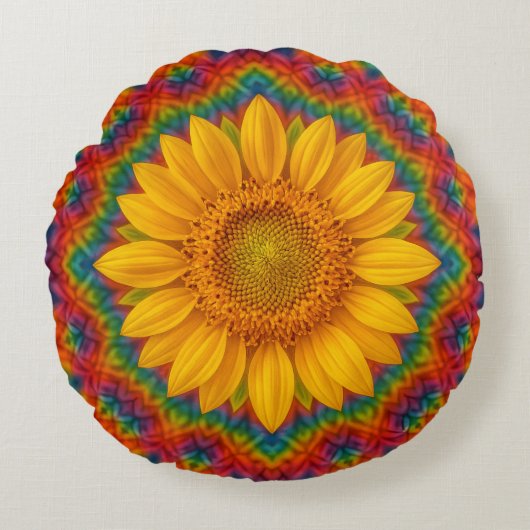 Kaleidoscoop Zonnebloem Rond Kussen (Voorkant)
