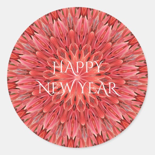 Kaleidoscope Design Red Flower Happy Nieuwjaar Ronde Sticker (Voorkant)