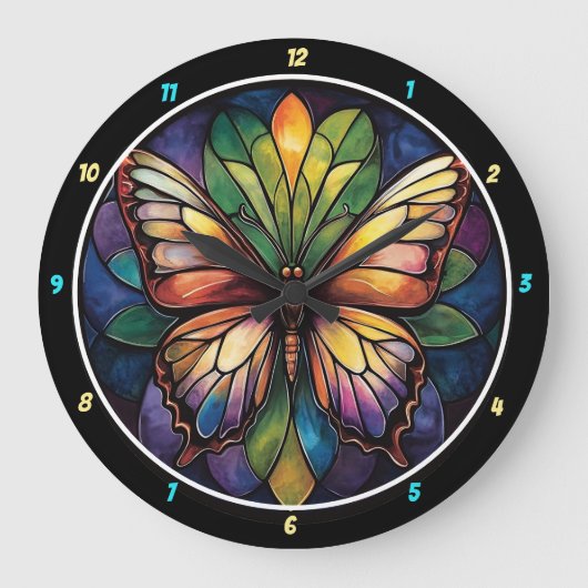 Kaleidoscope Garden" - Glas in lood Butterfly Grote Klok (Voorkant)
