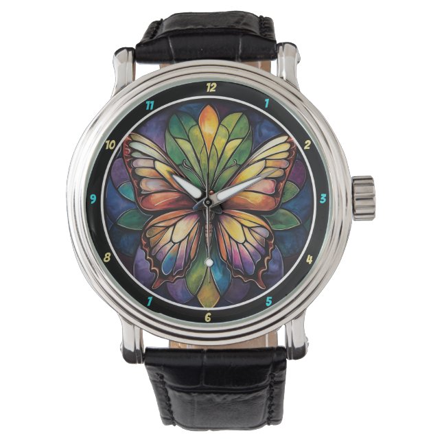 Kaleidoscope Garden" - Stained Glass Butterfly Horloge (Voorkant)