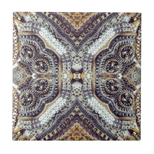 Kaleidoscopische grijze gouden medaillon steampunk tegeltje (Voorkant)