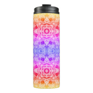 Kaleidoscopische Mandala in Blauw, Geel en Roze Thermosbeker