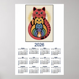 Kalendar met knuffelkattenfamilie voor 2026 poster