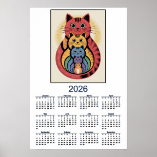 Kalendar met knuffelkattenfamilie voor 2026 poster