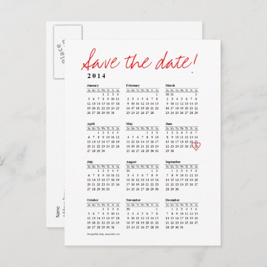 Kalender 2014 Opslaan van de datum Briefkaart (Voorkant / Achterkant)