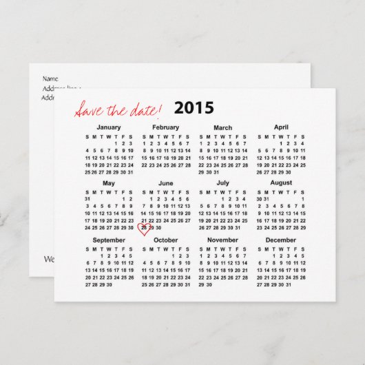 Kalender 2015 Opslaan van de datum Briefkaart (Voorkant / Achterkant)