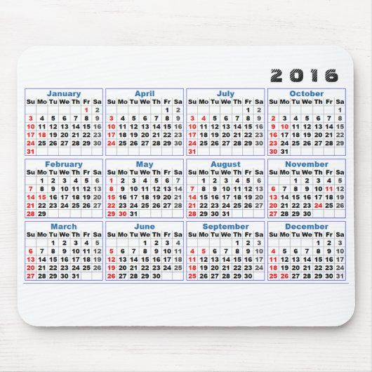 Kalender 2016 Mousepad Simple Turquoise Muismat (Voorkant)