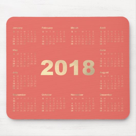 Kalender 2018 Koraal Faux Goud Metallic Minimaal Muismat (Voorkant)