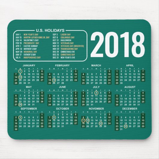 Kalender 2018 Mousepad met Amerikaanse Feestdagen Muismat (Voorkant)