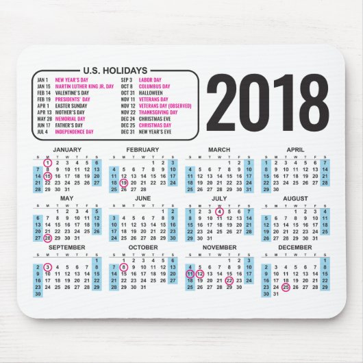 Kalender 2018 Mousepad met Amerikaanse Feestdagen Muismat (Voorkant)