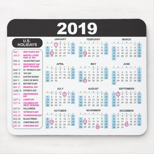 Kalender 2019 Mousepad met Amerikaanse Feestdagen Muismat (Voorkant)