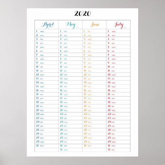 Kalender 2020 kleurrijk Poster met vier maanden (Voorkant)