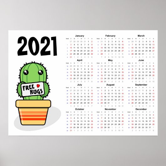 Kalender 2021 Poster - zondag begint - Gratis knuf (Voorkant)